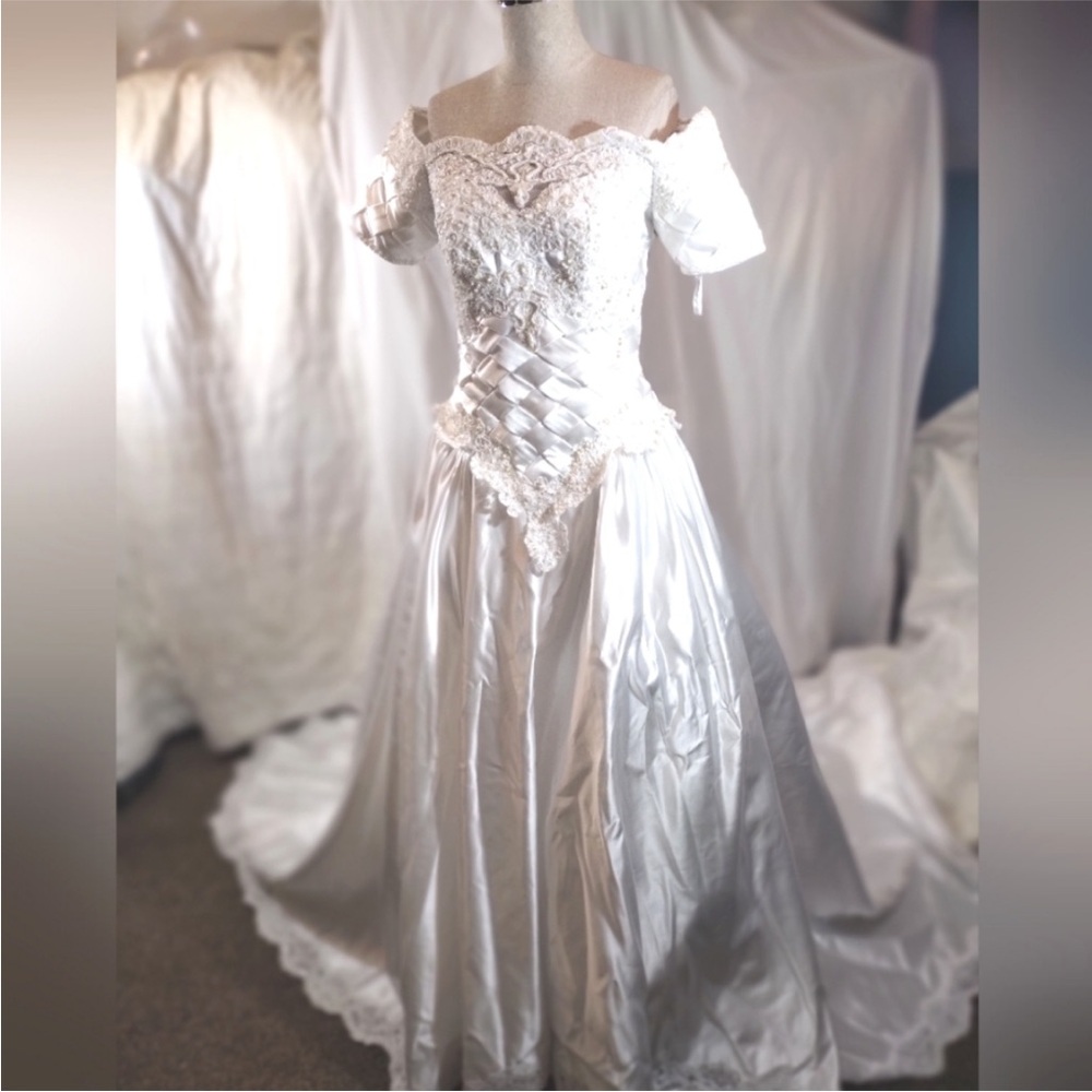 Off-Shoulder Lace Satin Gown